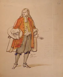 Návrh kostýmů pro představení "Don Juan" od Moliera (1622-73) v Comedie Francaise v roce 1847 (pero, tuš a čb na papíře)